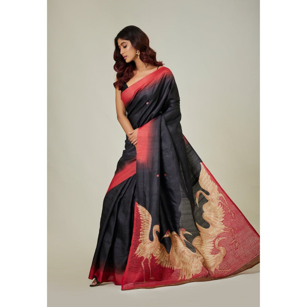 Aparnaa Black Swan Printed Pure Tussar Saree with Unstitched Blouse