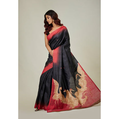 Aparnaa Black Swan Printed Pure Tussar Saree with Unstitched Blouse