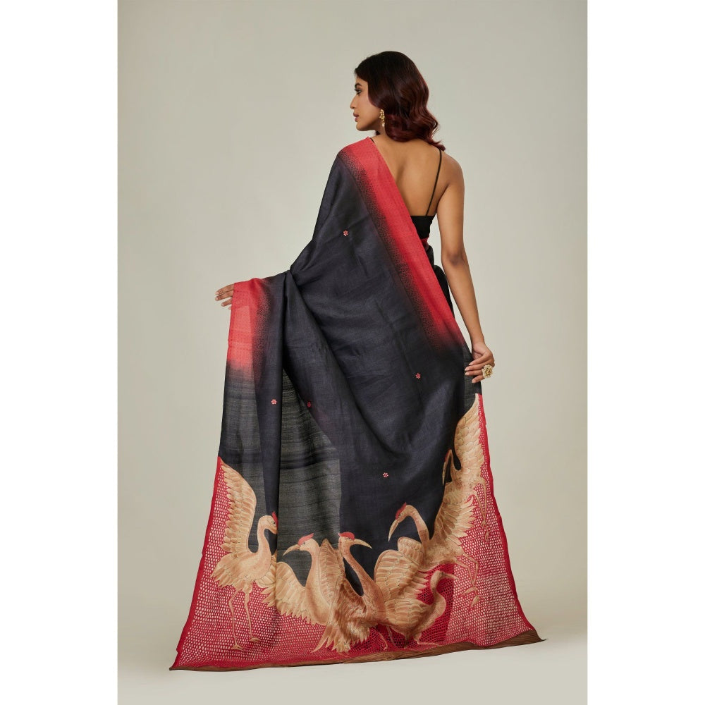 Aparnaa Black Swan Printed Pure Tussar Saree with Unstitched Blouse