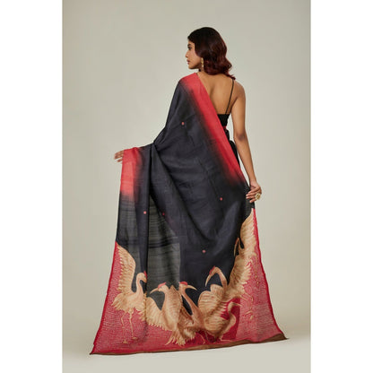 Aparnaa Black Swan Printed Pure Tussar Saree with Unstitched Blouse