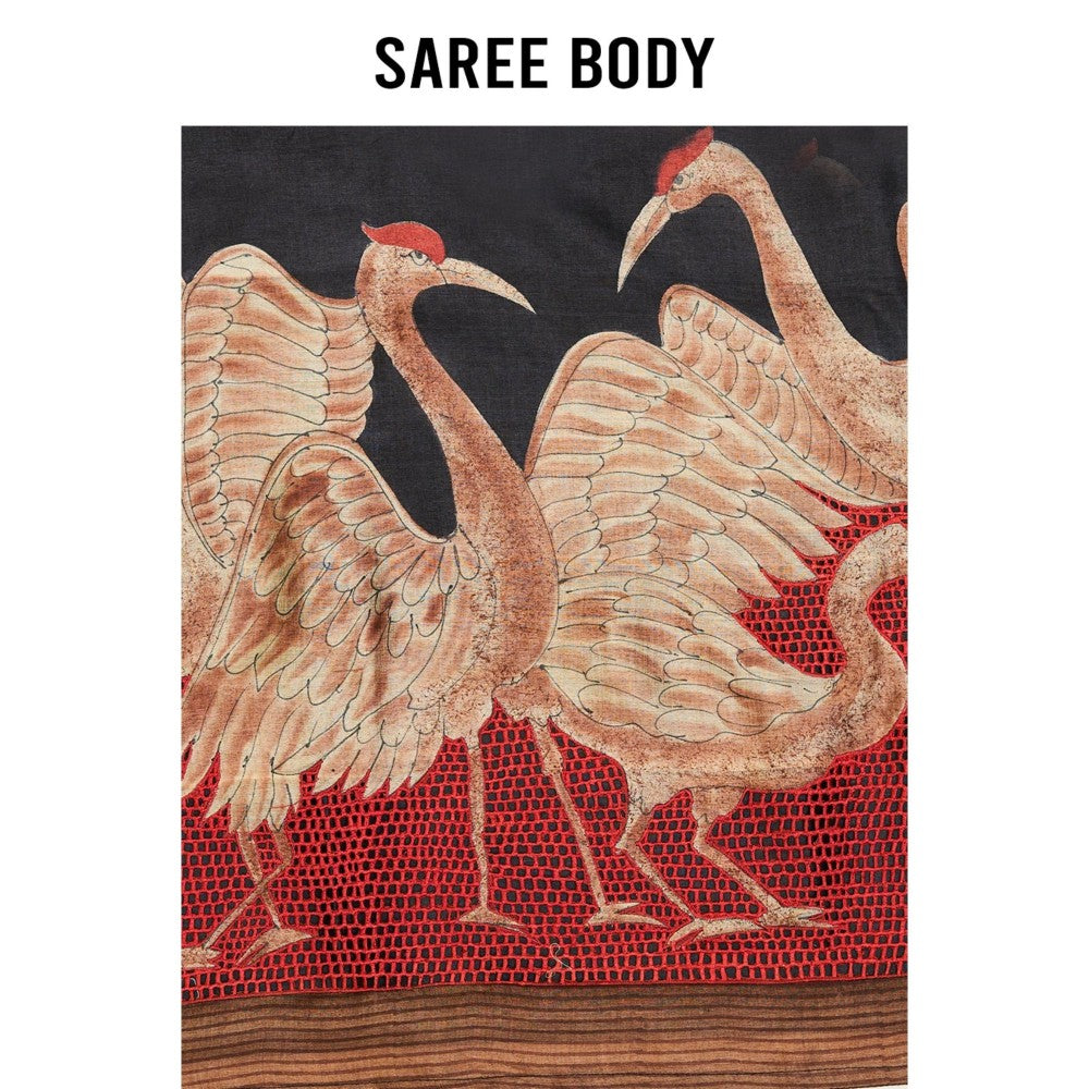 Aparnaa Black Swan Printed Pure Tussar Saree with Unstitched Blouse