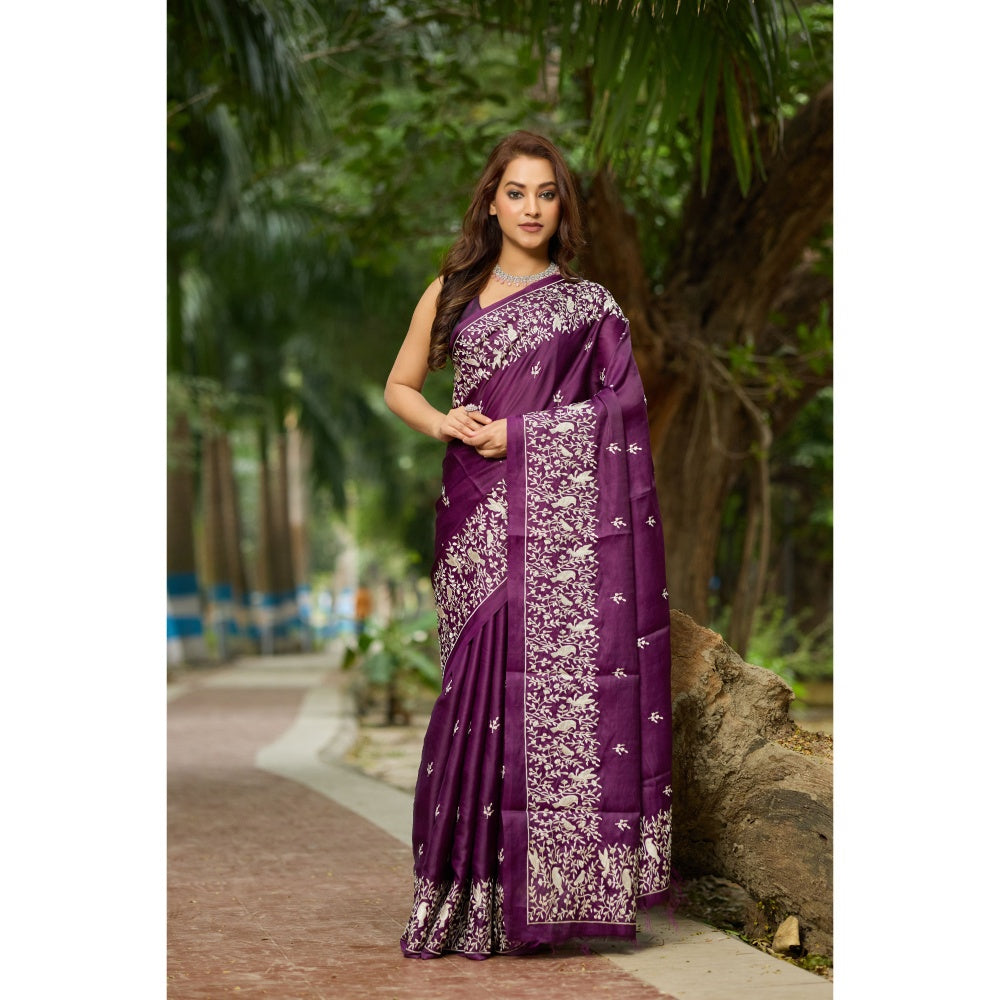 Aparnaa Purple Pure Tussar Cutwork Pallu Aari Work Saree with Unstitched Blouse