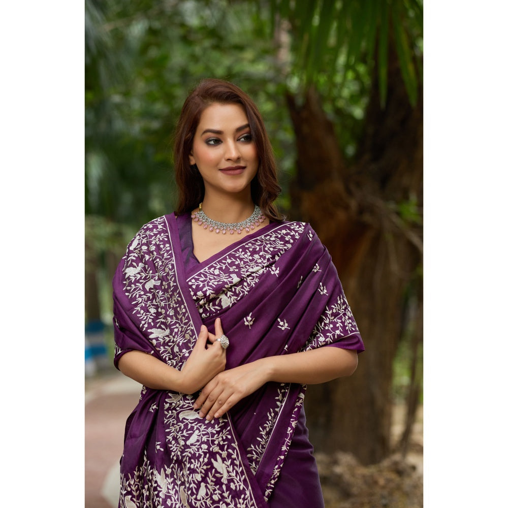 Aparnaa Purple Pure Tussar Cutwork Pallu Aari Work Saree with Unstitched Blouse