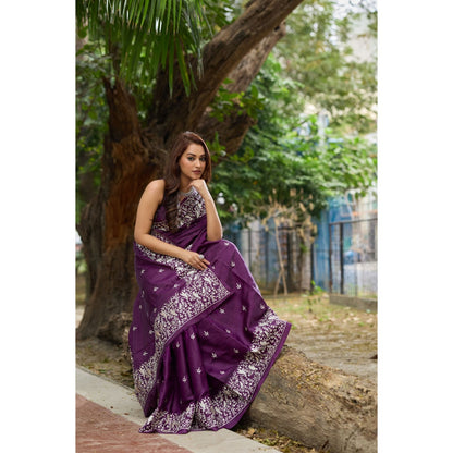 Aparnaa Purple Pure Tussar Cutwork Pallu Aari Work Saree with Unstitched Blouse