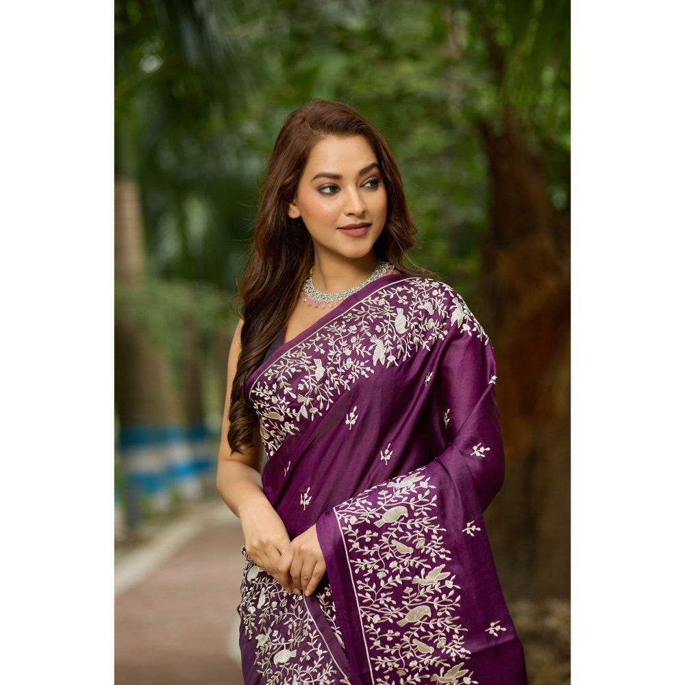 Aparnaa Purple Pure Tussar Cutwork Pallu Aari Work Saree with Unstitched Blouse