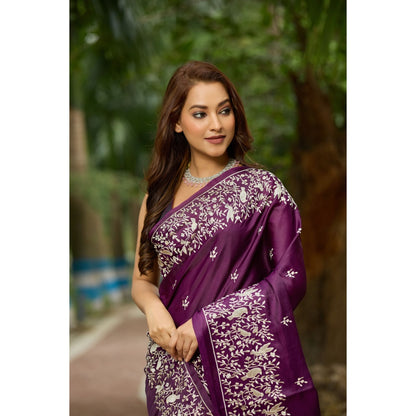 Aparnaa Purple Pure Tussar Cutwork Pallu Aari Work Saree with Unstitched Blouse