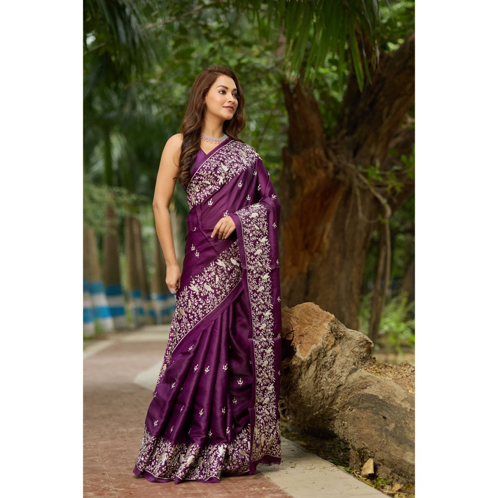 Aparnaa Purple Pure Tussar Cutwork Pallu Aari Work Saree with Unstitched Blouse