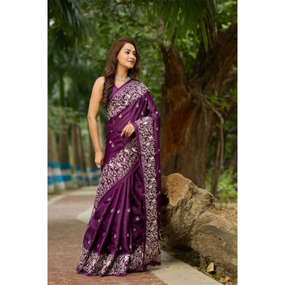 Aparnaa Purple Pure Tussar Cutwork Pallu Aari Work Saree with Unstitched Blouse