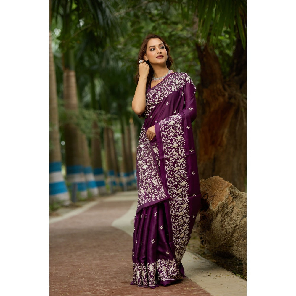 Aparnaa Purple Pure Tussar Cutwork Pallu Aari Work Saree with Unstitched Blouse