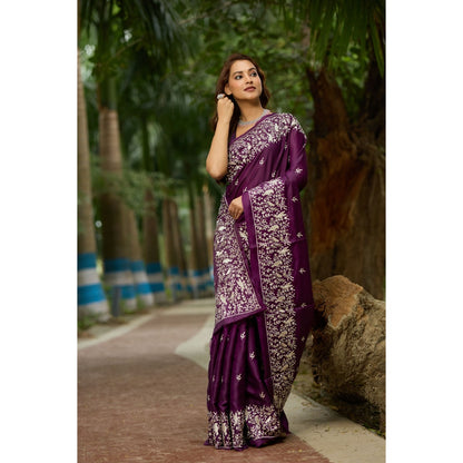 Aparnaa Purple Pure Tussar Cutwork Pallu Aari Work Saree with Unstitched Blouse