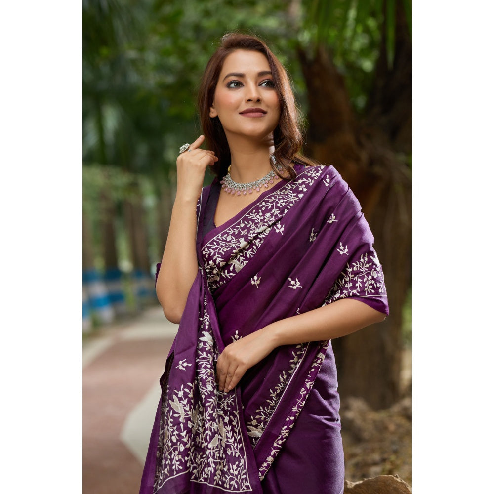 Aparnaa Purple Pure Tussar Cutwork Pallu Aari Work Saree with Unstitched Blouse