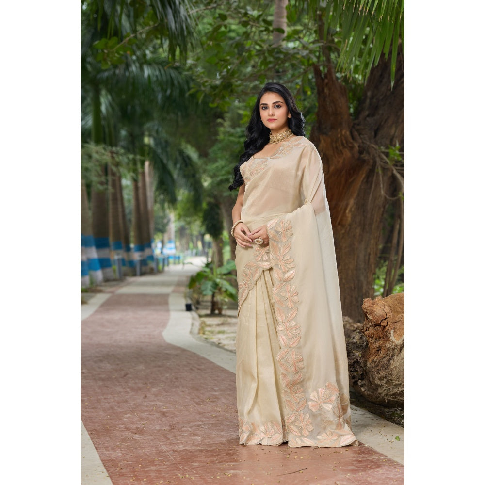 Aparnaa Beige Tissue Floral Applique Work Border Saree with Unstitched Blouse