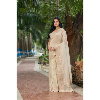 Aparnaa Beige Tissue Floral Applique Work Border Saree with Unstitched Blouse