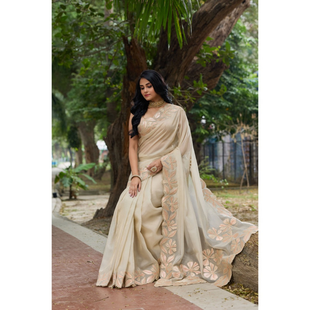 Aparnaa Beige Tissue Floral Applique Work Border Saree with Unstitched Blouse