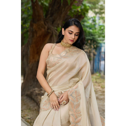 Aparnaa Beige Tissue Floral Applique Work Border Saree with Unstitched Blouse
