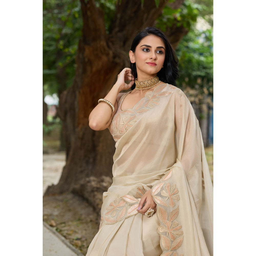 Aparnaa Beige Tissue Floral Applique Work Border Saree with Unstitched Blouse