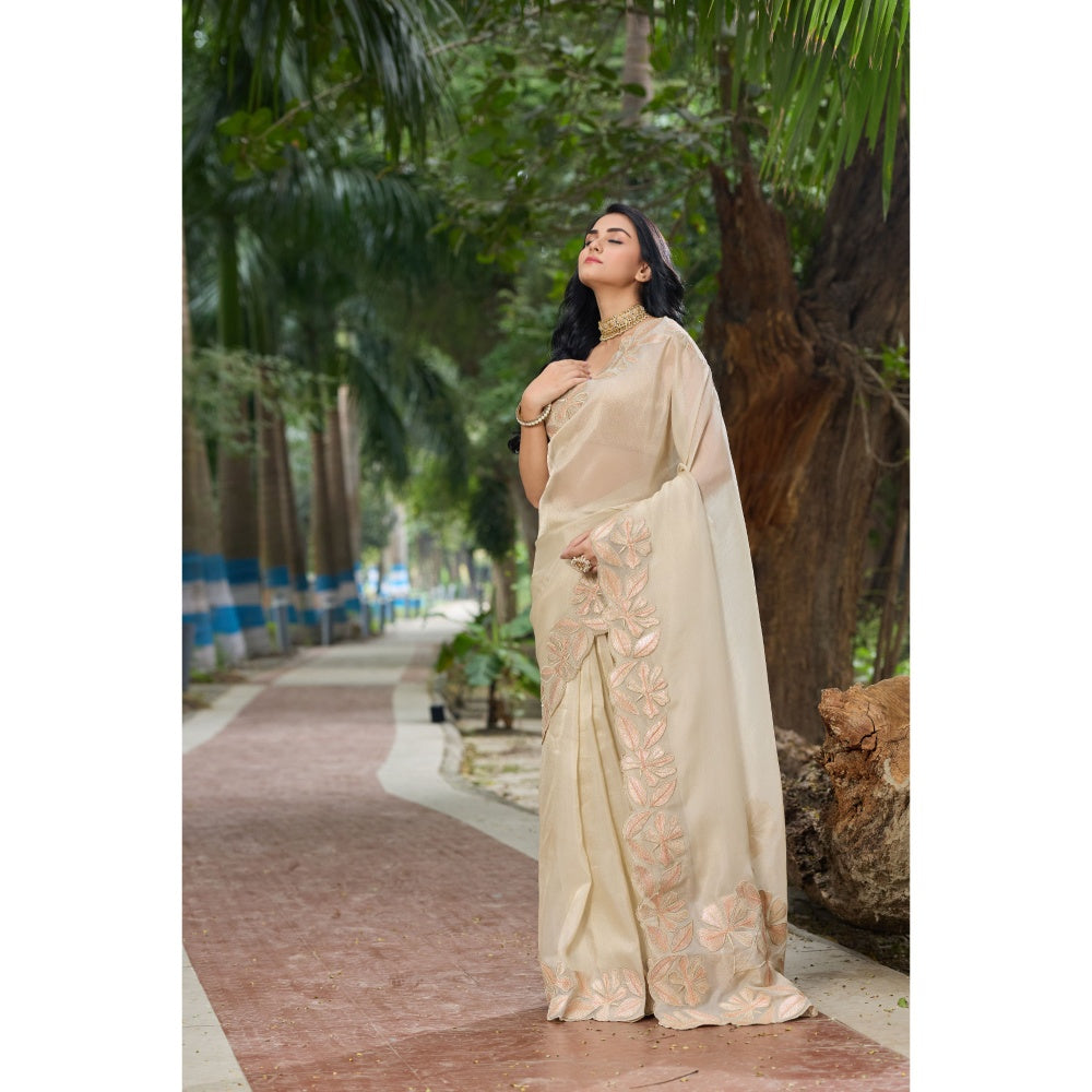 Aparnaa Beige Tissue Floral Applique Work Border Saree with Unstitched Blouse