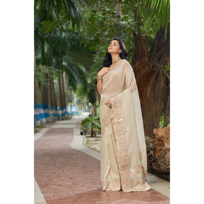 Aparnaa Beige Tissue Floral Applique Work Border Saree with Unstitched Blouse