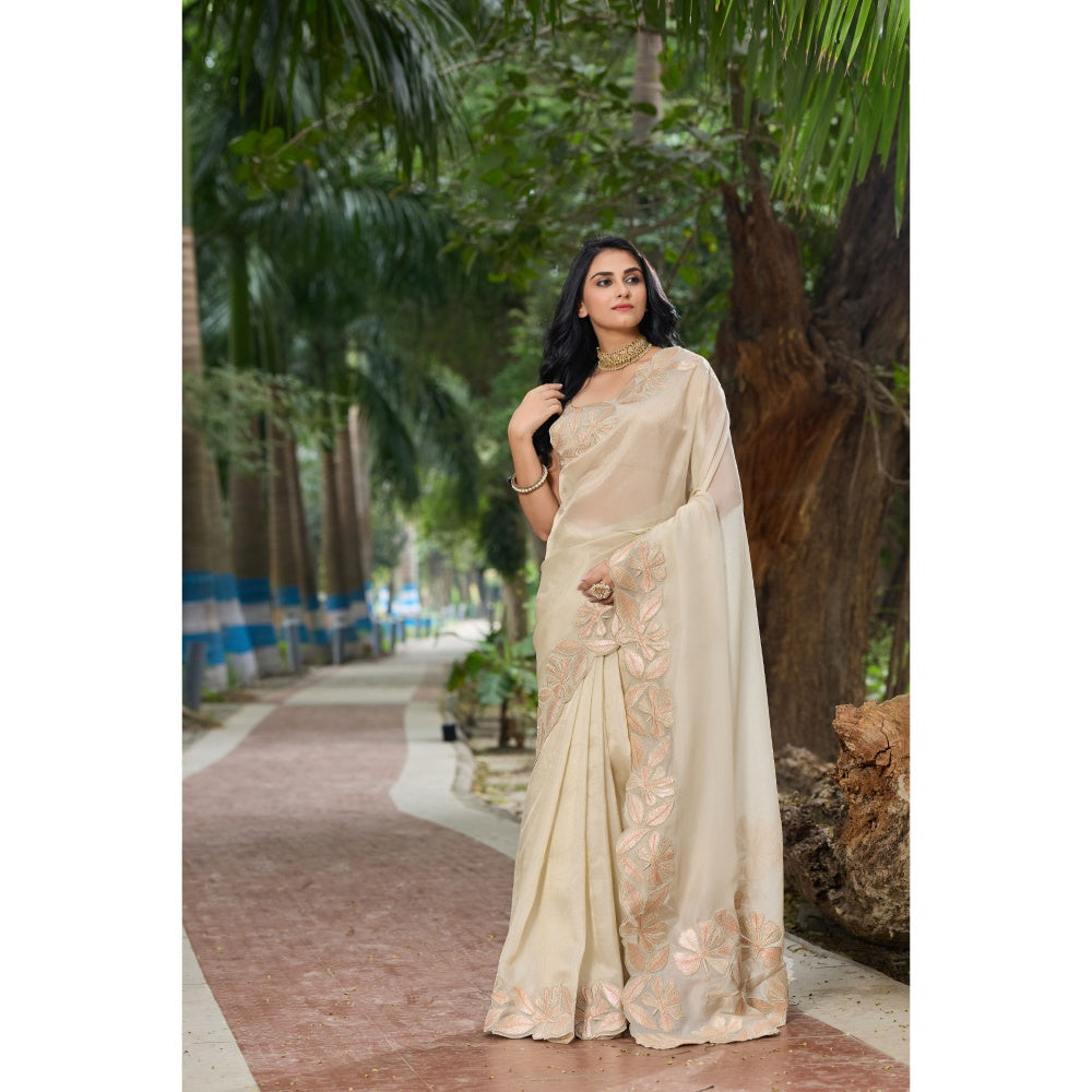 Aparnaa Beige Tissue Floral Applique Work Border Saree with Unstitched Blouse