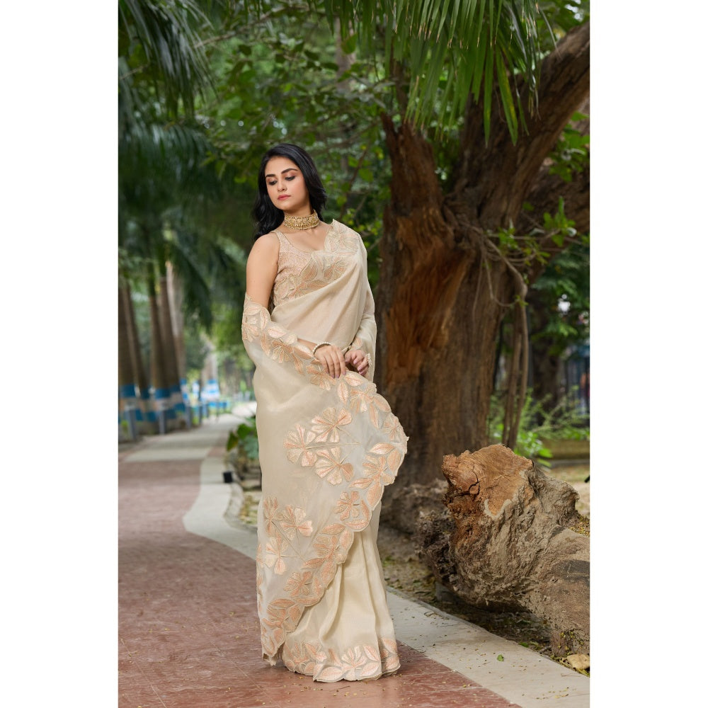 Aparnaa Beige Tissue Floral Applique Work Border Saree with Unstitched Blouse