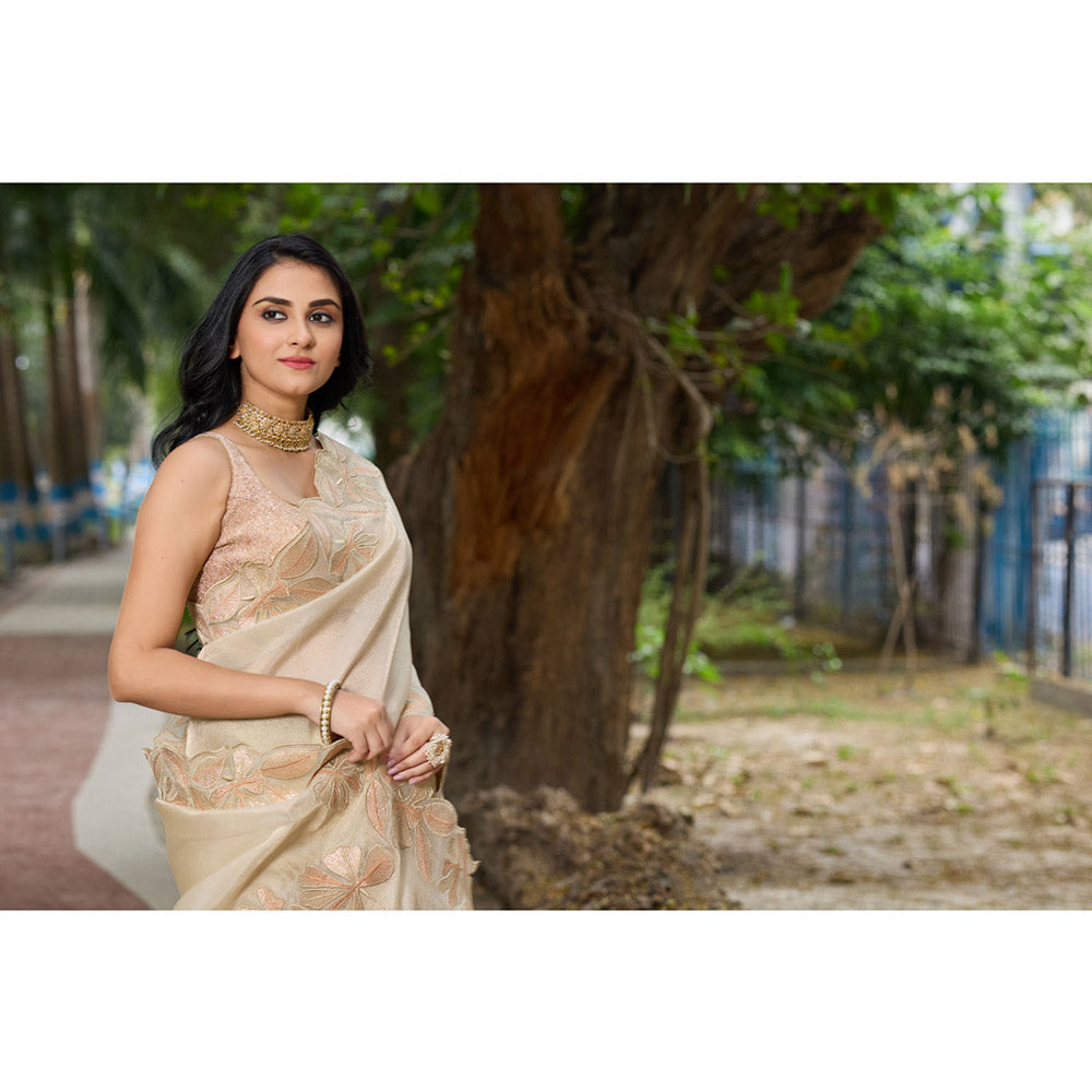 Aparnaa Beige Tissue Floral Applique Work Border Saree with Unstitched Blouse