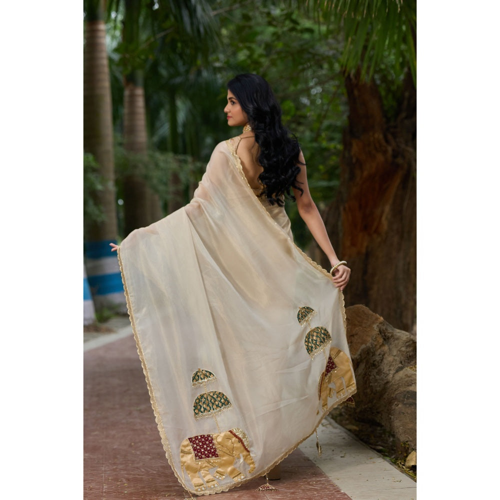 Aparnaa Tissue Hand Embroidered Elephant Design Pallu Saree with Unstitched Blouse