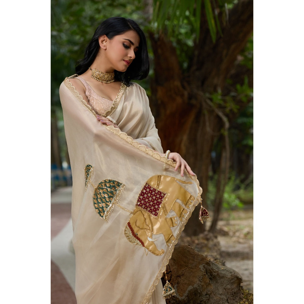 Aparnaa Tissue Hand Embroidered Elephant Design Pallu Saree with Unstitched Blouse