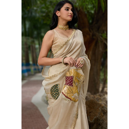 Aparnaa Tissue Hand Embroidered Elephant Design Pallu Saree with Unstitched Blouse