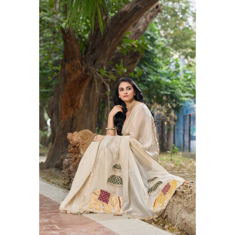 Aparnaa Tissue Hand Embroidered Elephant Design Pallu Saree with Unstitched Blouse