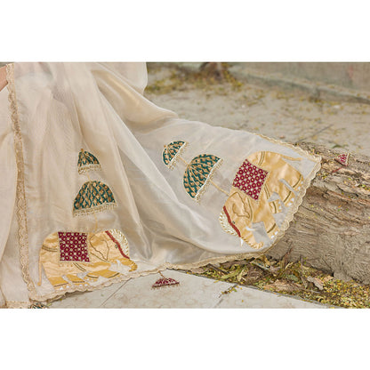 Aparnaa Tissue Hand Embroidered Elephant Design Pallu Saree with Unstitched Blouse
