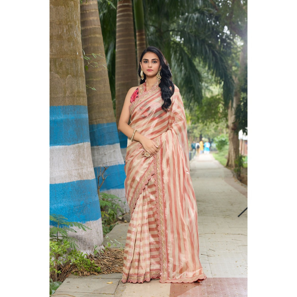 Aparnaa Hand Embroidered Stripe Pattern Tissue Saree with Unstitched Blouse
