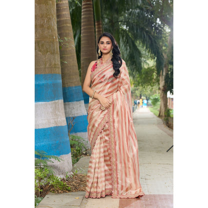 Aparnaa Hand Embroidered Stripe Pattern Tissue Saree with Unstitched Blouse