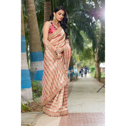 Aparnaa Hand Embroidered Stripe Pattern Tissue Saree with Unstitched Blouse