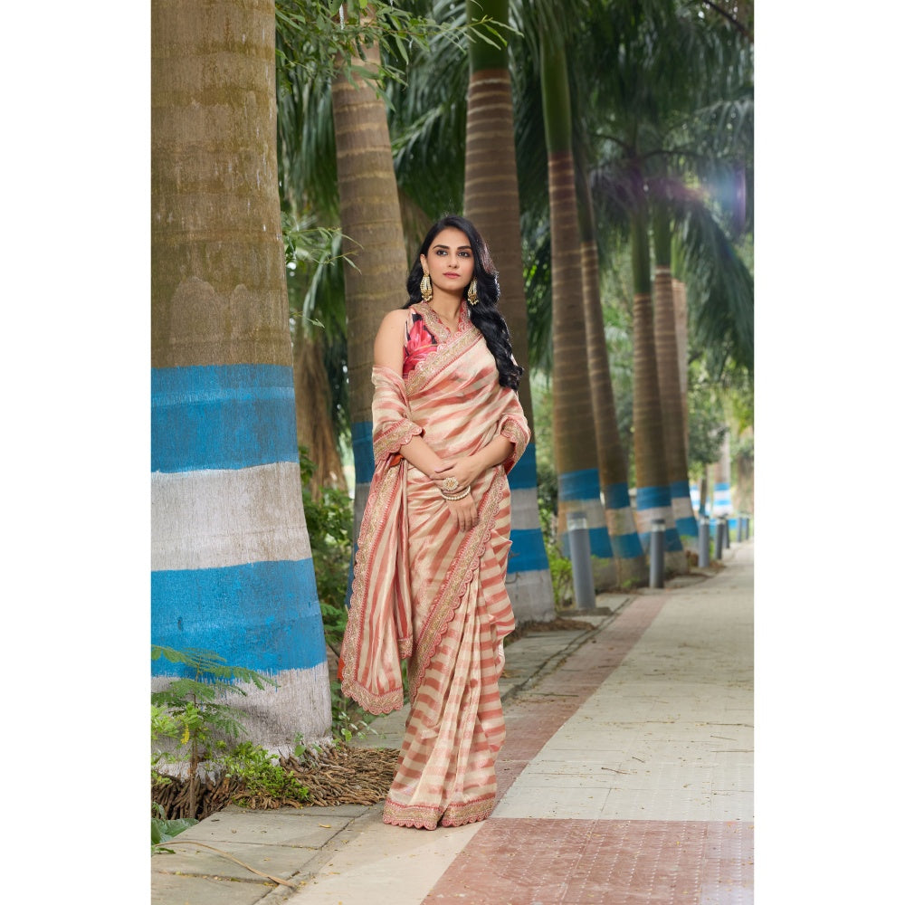 Aparnaa Hand Embroidered Stripe Pattern Tissue Saree with Unstitched Blouse