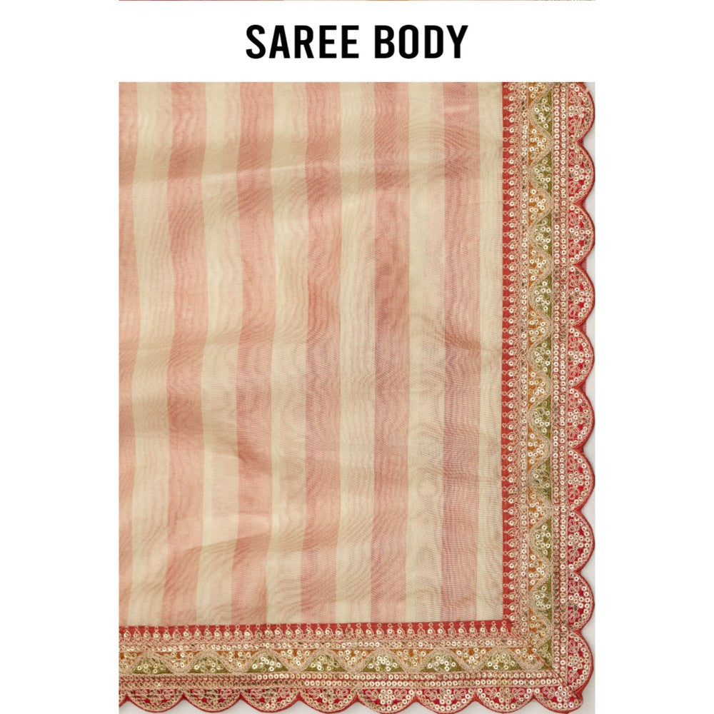 Aparnaa Hand Embroidered Stripe Pattern Tissue Saree with Unstitched Blouse