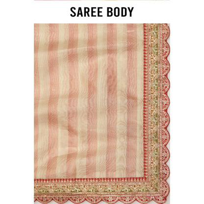 Aparnaa Hand Embroidered Stripe Pattern Tissue Saree with Unstitched Blouse