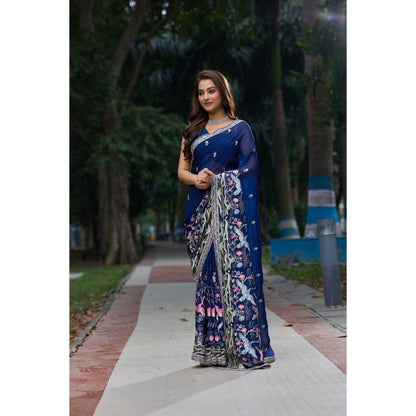 Aparnaa Navy Blue Georgette Resham Embroidery Saree with Unstitched Blouse
