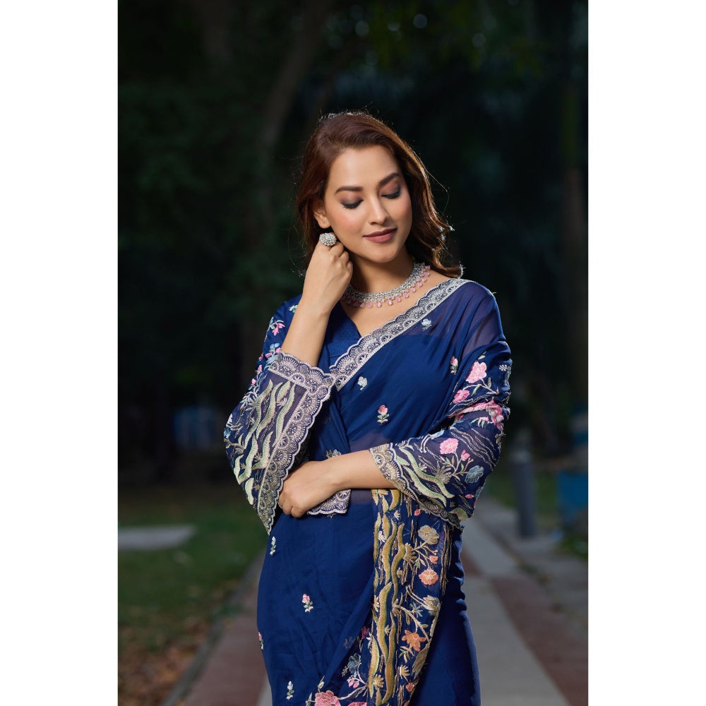 Aparnaa Navy Blue Georgette Resham Embroidery Saree with Unstitched Blouse