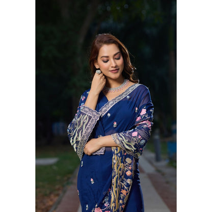 Aparnaa Navy Blue Georgette Resham Embroidery Saree with Unstitched Blouse