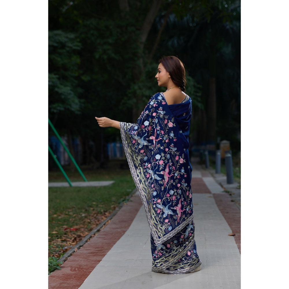 Aparnaa Navy Blue Georgette Resham Embroidery Saree with Unstitched Blouse