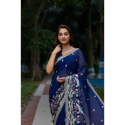 Aparnaa Navy Blue Georgette Resham Embroidery Saree with Unstitched Blouse