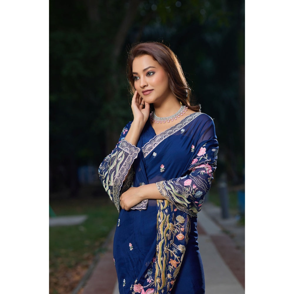 Aparnaa Navy Blue Georgette Resham Embroidery Saree with Unstitched Blouse