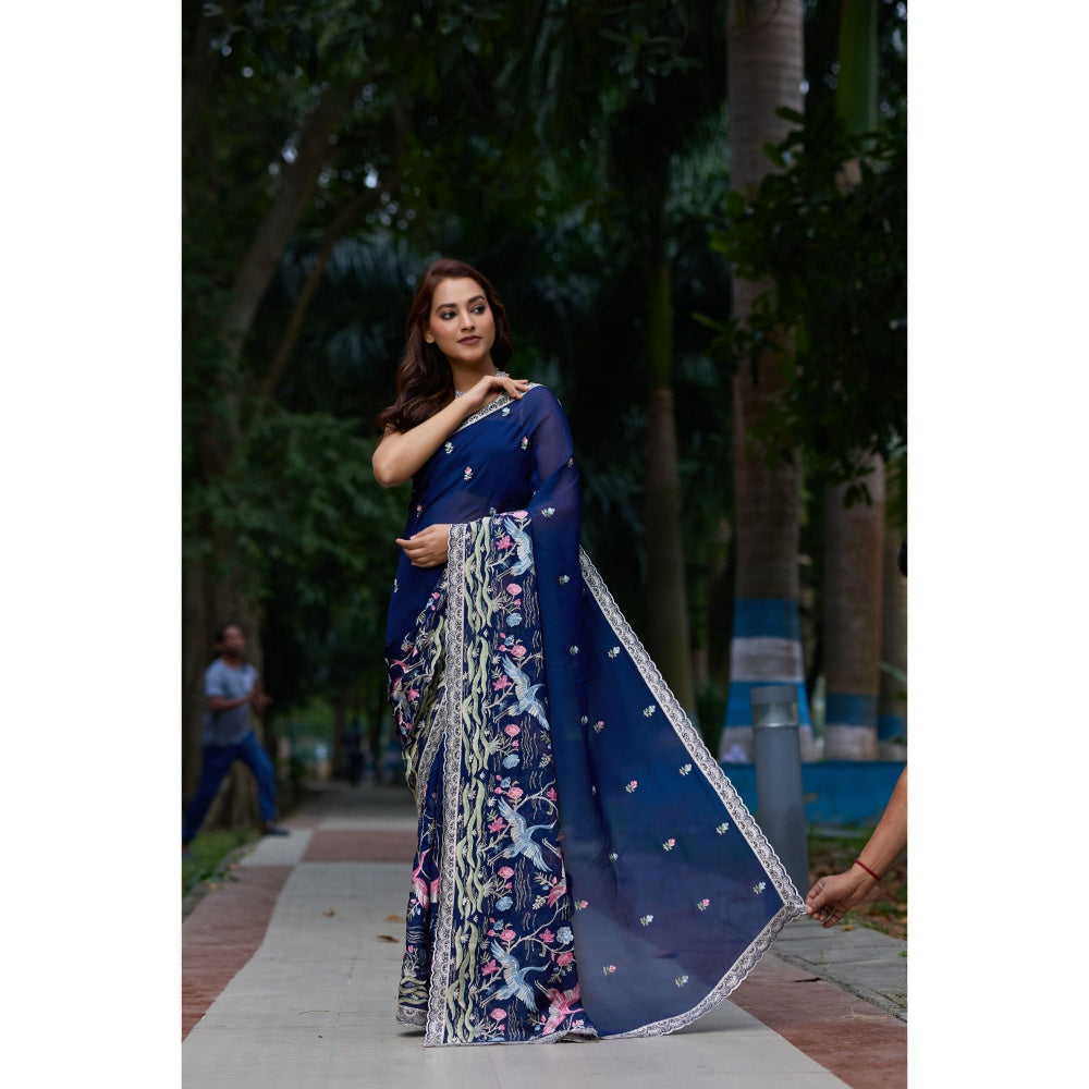 Aparnaa Navy Blue Georgette Resham Embroidery Saree with Unstitched Blouse