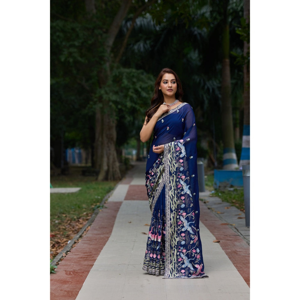 Aparnaa Navy Blue Georgette Resham Embroidery Saree with Unstitched Blouse