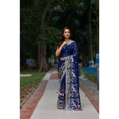 Aparnaa Navy Blue Georgette Resham Embroidery Saree with Unstitched Blouse