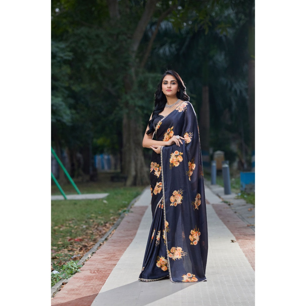 Aparnaa Black Satin Flower Handwork Embroidery Saree with Unstitched Blouse