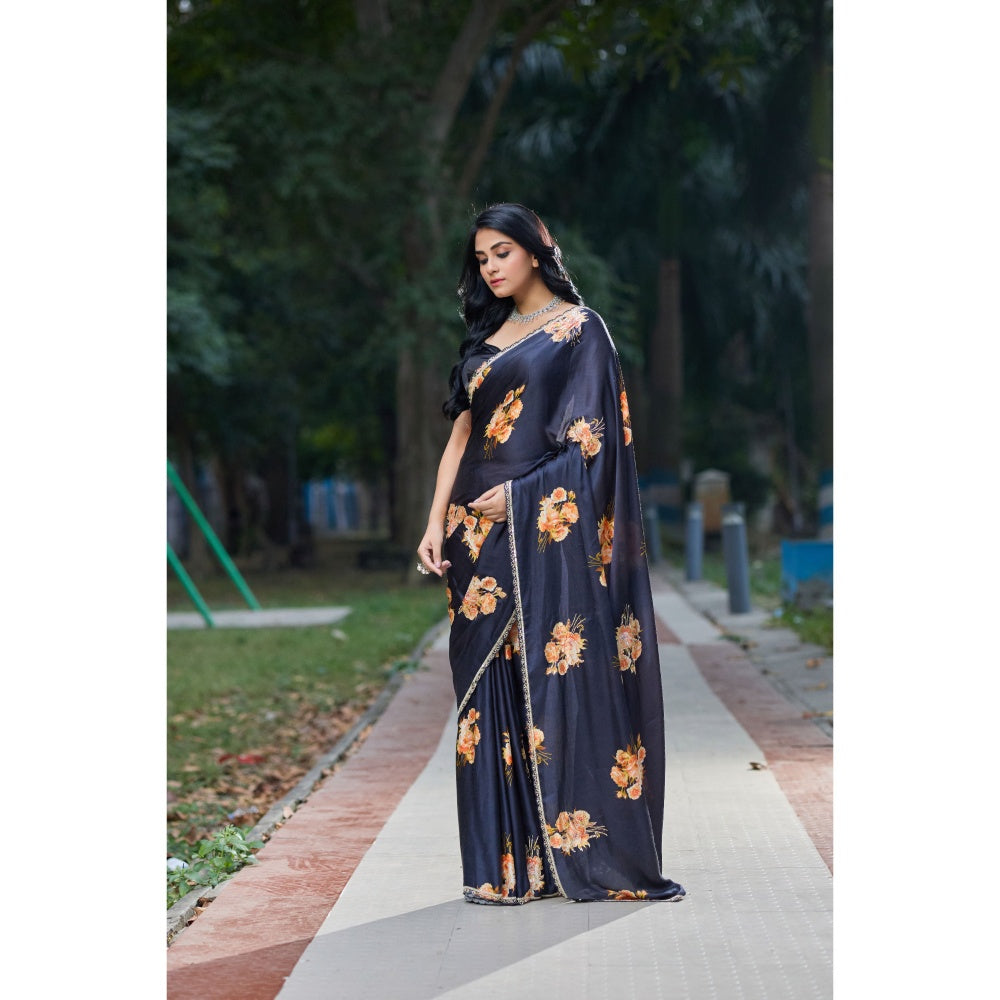 Aparnaa Black Satin Flower Handwork Embroidery Saree with Unstitched Blouse