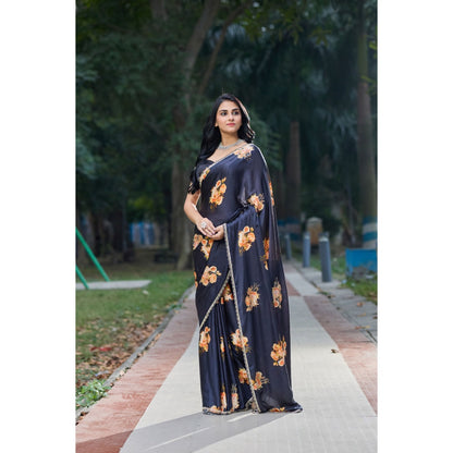 Aparnaa Black Satin Flower Handwork Embroidery Saree with Unstitched Blouse