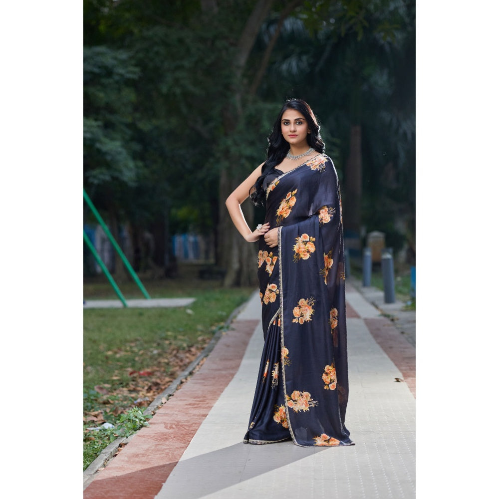 Aparnaa Black Satin Flower Handwork Embroidery Saree with Unstitched Blouse