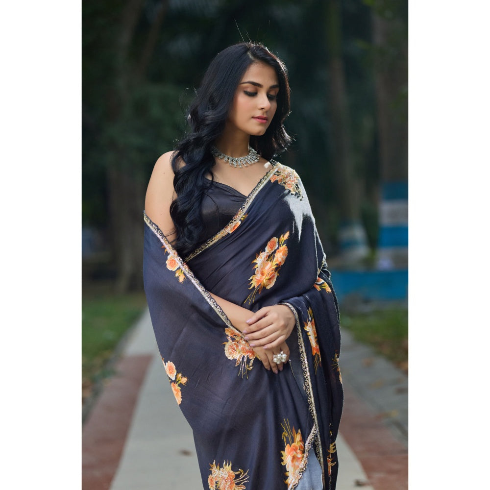 Aparnaa Black Satin Flower Handwork Embroidery Saree with Unstitched Blouse